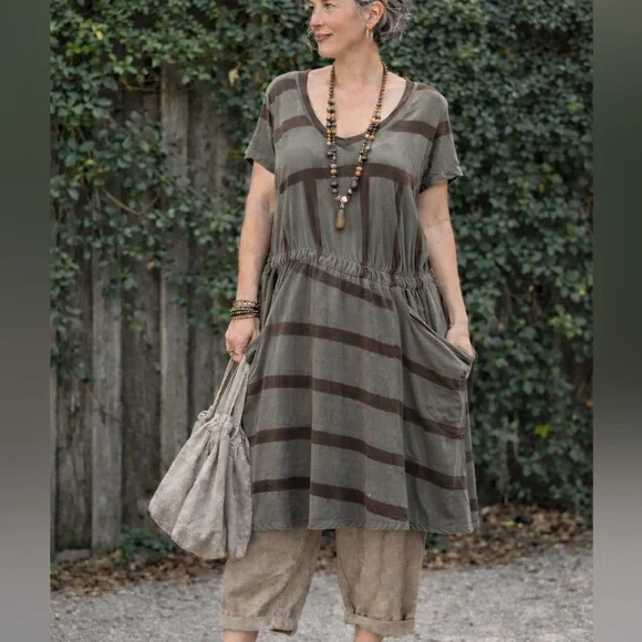 LUNN Lagenlook Gray Stripe Asymmetrical Waist Cap Sleeve Midi Dress Size 4 - Picture 1 of 7